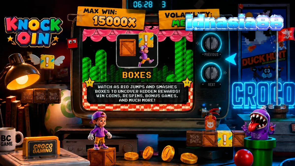 Tampilan visual retro 8-bit dari slot KNOCKOIN dengan karakter Rio