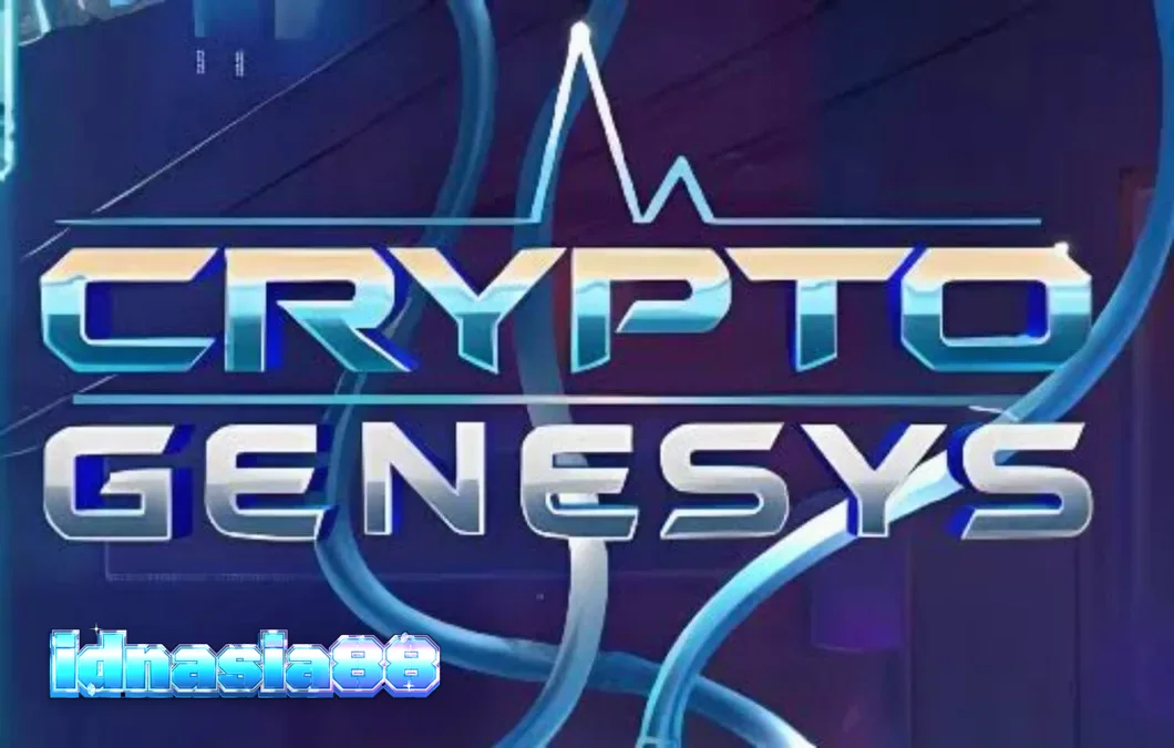 Tampilan visual slot Crypto Genesys dengan tema cyberpunk dan simbol kripto